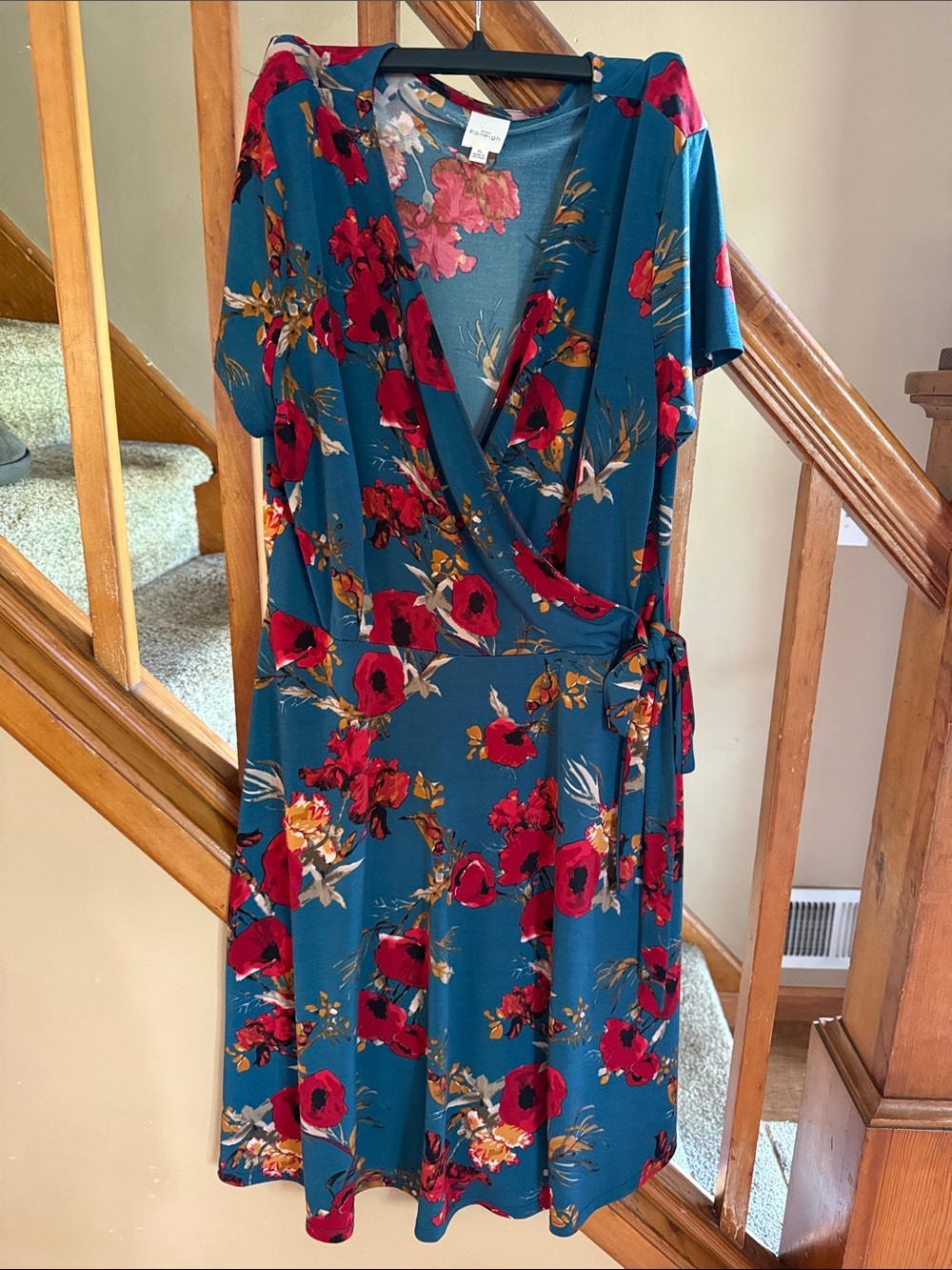 Teal Floral Wrap Dress with Red Bloom Print